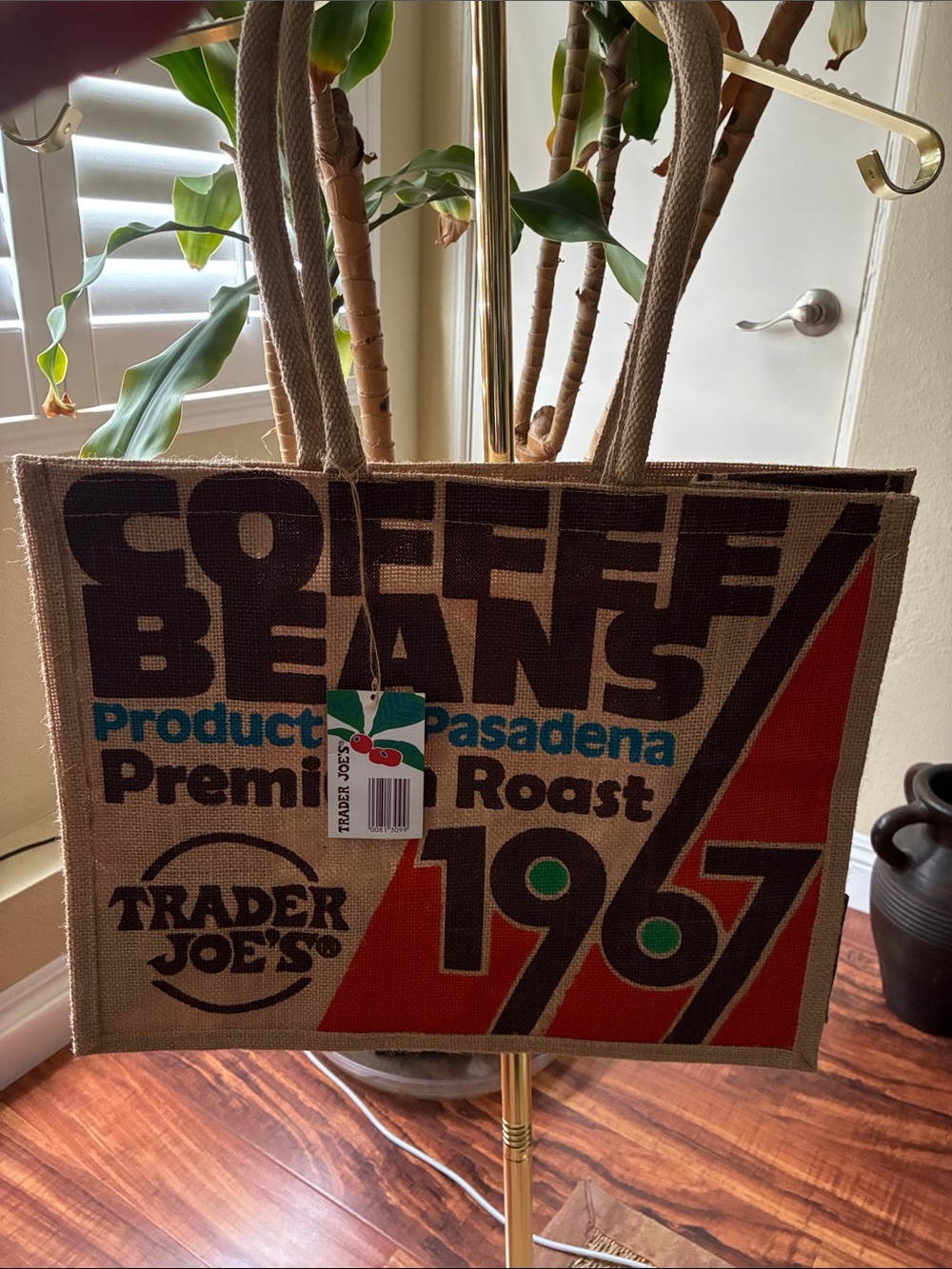 Trader Joe's Burlap Tote Bag - Multi-Color Coffee Beans Design.
